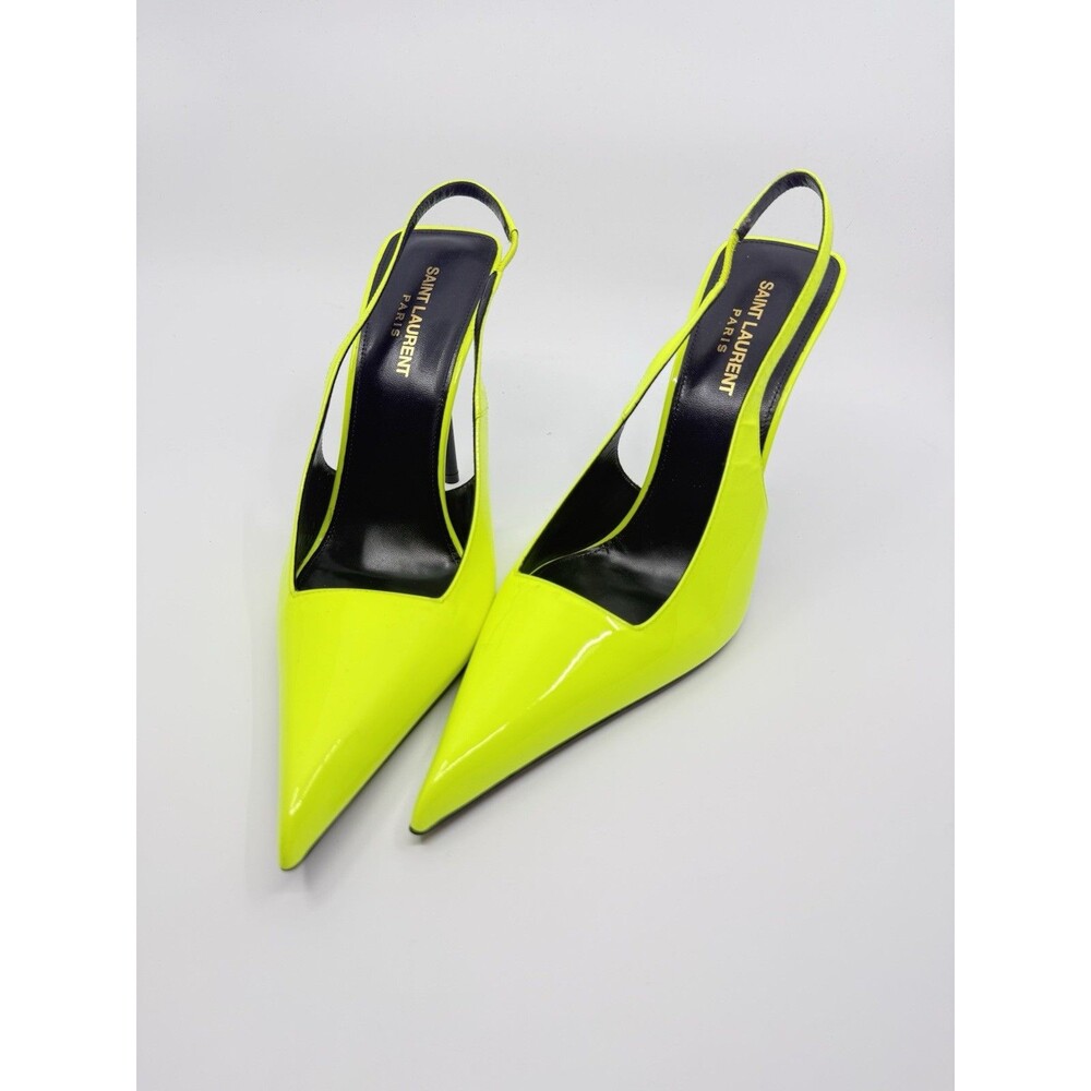 Saint Laurent Kiss 105 Leather Slingback Highlighter Yellow Pumps SZ 40 EUR
